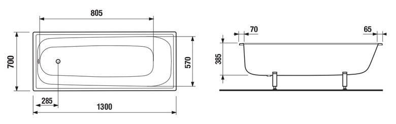 JIKA RIGA vaňa 130x70 cm, bez nožičiek, smaltovaná oceľ H2340300000001 Technický nákres