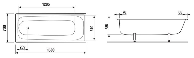 JIKA RIGA vaňa 160x70 cm, bez nožičiek, smaltovaná oceľ H2340600000001 Technický nákres