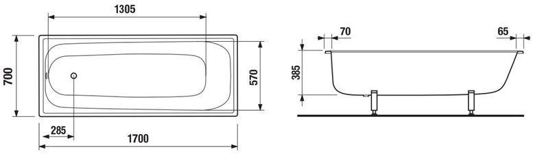 JIKA RIGA vaňa 170x70 cm, bez nožičiek, smaltovaná oceľ H2340700000001 Technický nákres