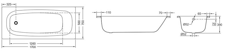 JIKA TANZA PLUS vaňa 170x75 cm, bez nožičiek, smaltovaná oceľ H2252210000001 Technický nákres