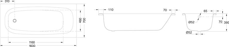 JIKA TANZA vaňa 170x70 cm, bez nožičiek, smaltovaná oceľ H2251800000001 Technický nákres