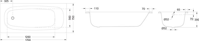 JIKA TANZA vaňa 170x75 cm, bez nožičiek, smaltovaná oceľ H2252200000001 Technický nákres