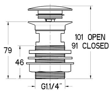 IDEAL STANDARD umývadlový výpust, click-clack, s prepadom, chróm S8803AA Technický nákres