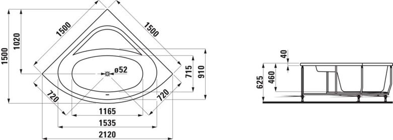 LAUFEN SOLUTIONS rohová vaňa 150x150 cm, s konštrukciou a čelným panelom, akrylát H2445070000001 Technický nákres