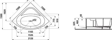 LAUFEN SOLUTIONS rohová vaňa 150x150 cm, s konštrukciou a čelným panelom, akrylát H2445070000001 Technický nákres