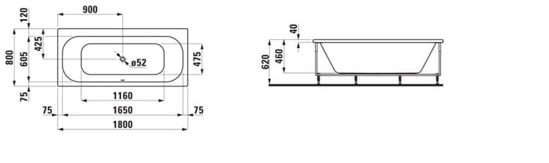 LAUFEN SOLUTIONS vaňa 180x80 cm, s konštrukciou, akrylát H2245010000001 Technický nákres