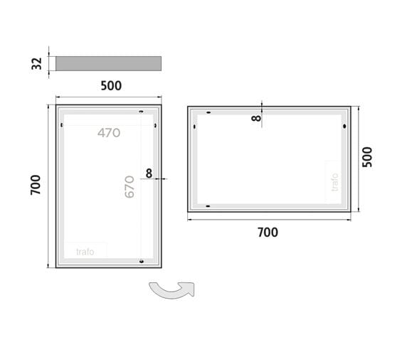 NIMCO 13000 zrkadlo 50x70 cm, reverzibilné, s osvetlením ZP 13001 Technický nákres