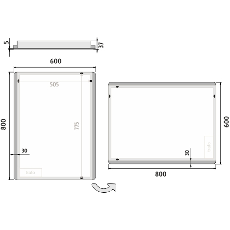 NIMCO ZP 17000 zrkadlo 60x80 cm, reverzibilné, s osvetlením ZP 17002 Technický nákres