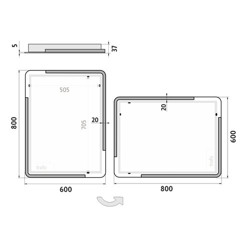 NIMCO 15000 zrkadlo 60x80 cm, reverzibilné, s osvetlením ZP 15002 Technický nákres
