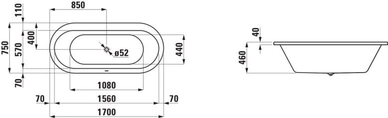 LAUFEN SOLUTIONS vaňa 170x75 cm, bez nožičiek, akrylát H2225100000001 Technický nákres