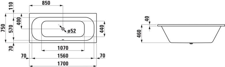 LAUFEN SOLUTIONS vaňa 170x75 cm, bez nožičiek, akrylát H2235300000001 Technický nákres