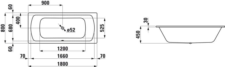 LAUFEN MODERNA PLUS vaňa 180x80 cm, pre 2 osoby, bez nožičiek, smaltovaná oceľ H2250600000401 Technický nákres