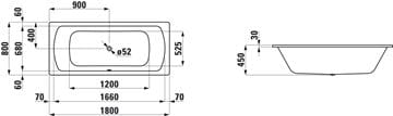 LAUFEN MODERNA PLUS vaňa 180x80 cm, pre 2 osoby, bez nožičiek, smaltovaná oceľ H2250600000401 Technický nákres