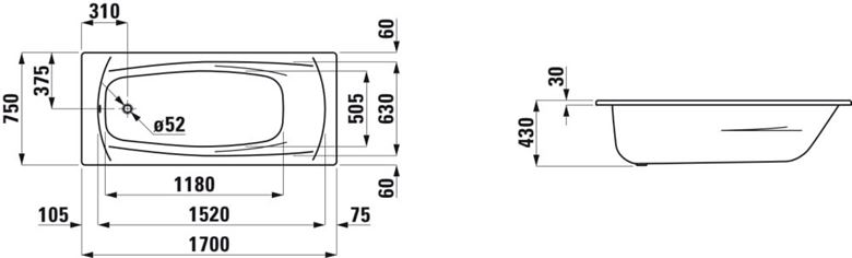 LAUFEN PALLADIUM vaňa 170x75 cm, bez nožičiek, smaltovaná oceľ H2251100000401 Technický nákres
