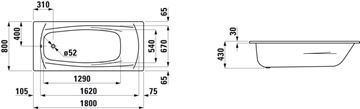LAUFEN PALLADIUM vaňa 180x80 cm, bez nožičiek, smaltovaná oceľ H2251000000401 Technický nákres