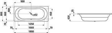 LAUFEN THALLIUM vaňa 180x80 cm, pre 2 osoby, bez nožičiek, smaltovaná oceľ H2250900000401 Technický nákres