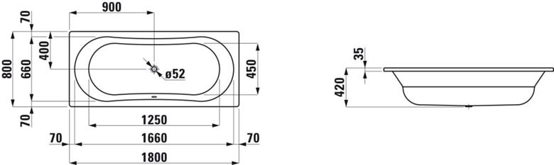 LAUFEN THALLIUM vaňa 180x80 cm, pre 2 osoby, bez nožičiek, smaltovaná oceľ H2250900000401 Technický nákres