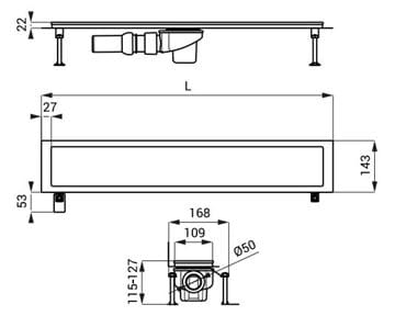 SANELA sprchový žľab 1150 mm, do priestoru, bočný odtok DN 50, rošt C, lesklá nerez oceľ SLKN 05C Technický nákres