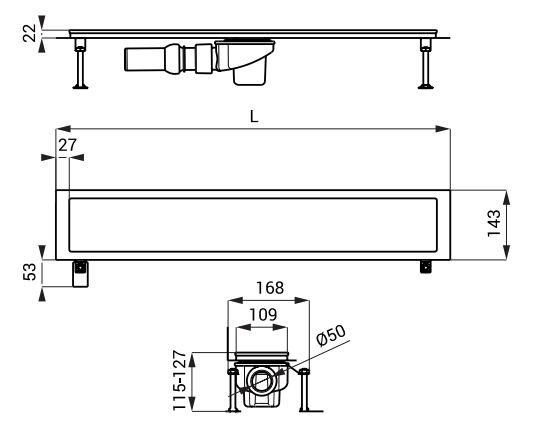 SANELA sprchový žľab 1150 mm, do priestoru, bočný odtok DN 50, rošt C, lesklá nerez oceľ SLKN 05C Technický nákres
