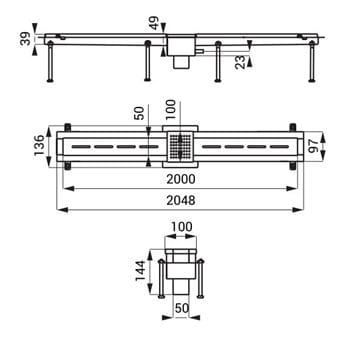 SANELA štrbinový žľab 2000 mm, do priestoru, odtok DN 50, rošt, pre kúpalisko, matná nerez oceľ SLKN 01 Technický nákres