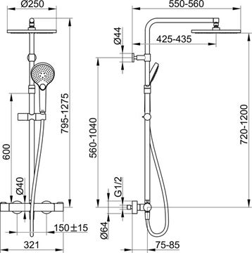 KEUCO PLAN BLUE sprchový set s termostatickou batériou, horná sprcha, ručná sprcha s 3 prúdmi, teleskopická tyč, hadica, matná čierna 53926372321 Technický nákres