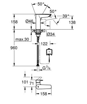 GROHE EUROSMART umývadlová senzorová batéria, napájanie z batérie, chróm 23975003 Technický nákres