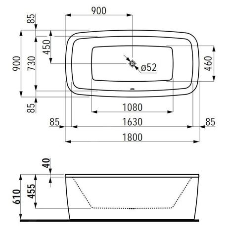 LAUFEN PALOMBA COLLECTION voľne stojaca vaňa 180x90 cm, s konštrukciou a panelom, akrylát H2318000000001 Technický nákres
