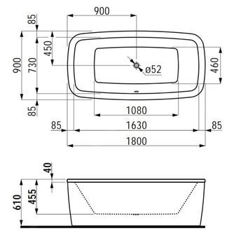 LAUFEN PALOMBA COLLECTION voľne stojaca vaňa 180x90 cm, s konštrukciou a panelom, akrylát H2318000000001 Technický nákres