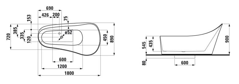 LAUFEN PALOMBA COLLECTION voľne stojaca vaňa 180x90 cm, s odtokovou súpravou, konštrukciou a panelom, sentec H2458020000001 Technický nákres