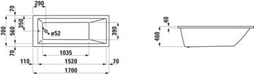 LAUFEN PRE vaňa 170x70 cm, bez nožičiek, akrylát H2309500000001 Technický nákres