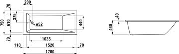 LAUFEN PRE vaňa 170x75 cm, bez nožičiek, akrylát H2319500000001 Technický nákres