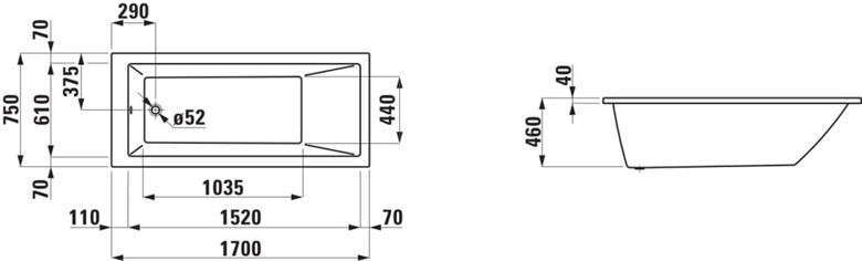 LAUFEN PRE vaňa 170x75 cm, bez nožičiek, akrylát H2319500000001 Technický nákres