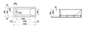 LAUFEN PRO voľne stojaca vaňa 170x75 cm, s hliníkovou konštrukciou, akrylát H2319510000001 Technický nákres