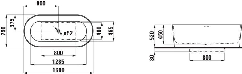 LAUFEN VAL voľne stojaca vaňa 160x75 cm, s odtokovou súpravou, sentec H2302820000001 Technický nákres