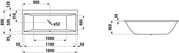 LAUFEN PRE vaňa 180x80 cm, bez nožičiek, akrylát H2329500000001 Technický nákres