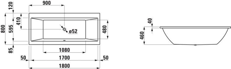 LAUFEN PRE vaňa 180x80 cm, bez nožičiek, akrylát H2329500000001 Technický nákres