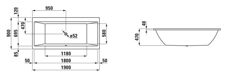 LAUFEN PRE vaňa 190x90 cm, bez nožičiek, akrylát H2349500000001 Technický nákres