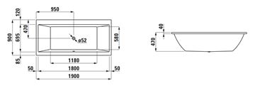 LAUFEN PRE vaňa 190x90 cm, bez nožičiek, akrylát H2349500000001 Technický nákres