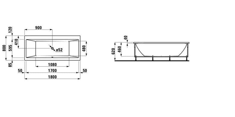 LAUFEN PRE vaňa 180x80 cm, s hliníkovou konštrukciou, akrylát H2329510000001 Technický nákres