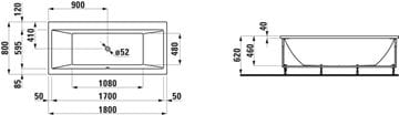 LAUFEN PRE rohová vaňa 180x80 cm, s konštrukciou, s L-panelom pravým, akrylát H2329560000001 Technický nákres