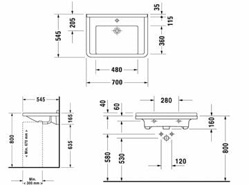 DURAVIT STARCK 3 bezbariérové umývadlo 70 cm, s otvorom pre batériu a prepadom, WonderGliss 03097000001 Technický nákres