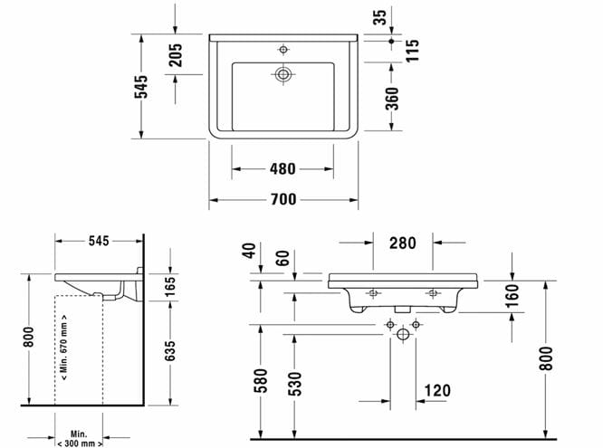 DURAVIT STARCK 3 bezbariérové umývadlo 70 cm, s otvorom pre batériu a prepadom, WonderGliss 03097000001 Technický nákres
