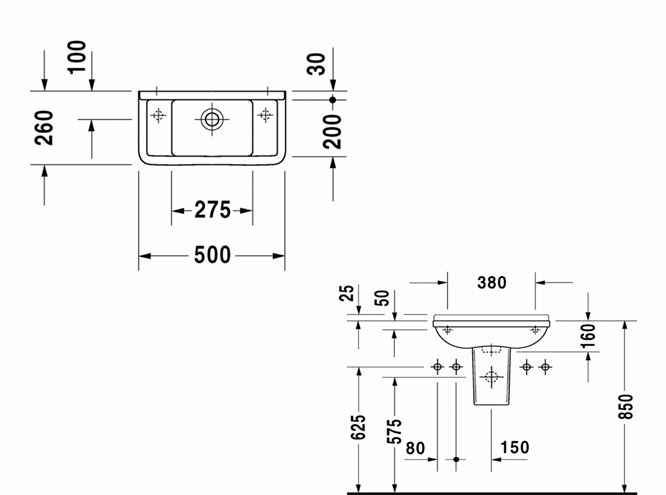 DURAVIT STARCK 3 umývadielko 50 cm, s prepadom, WonderGliss 07515000001 Technický nákres
