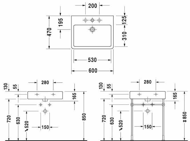 DURAVIT VERO umývadlo 60 cm, s otvorom pre batériu a prepadom 0454600000 Technický nákres