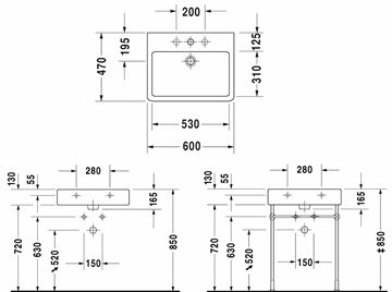 DURAVIT VERO umývadlo 60 cm, s otvorom pre batériu a prepadom 0454600000 Technický nákres