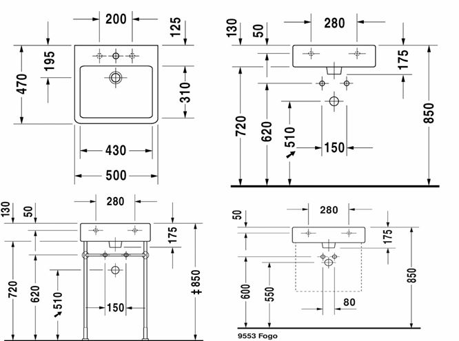 DURAVIT VERO umývadlo 50 cm, s otvorom pre batériu a prepadom 0454500000 Technický nákres