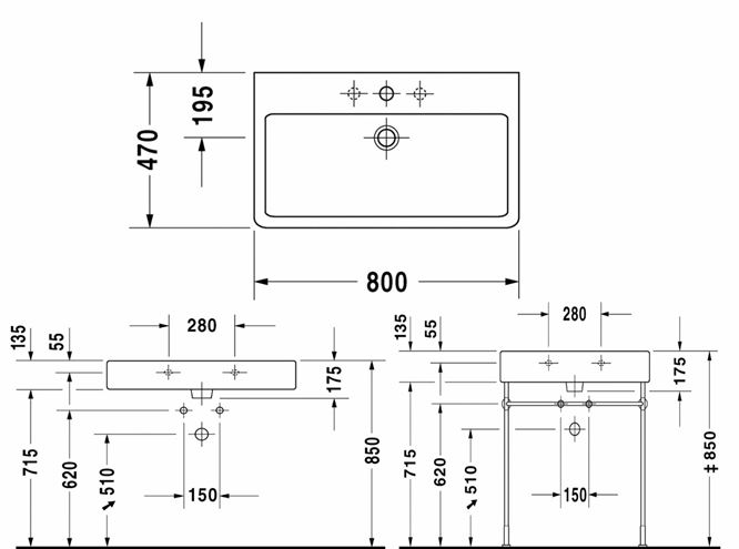 DURAVIT VERO umývadlo 80 cm, s otvorom pre batériu a prepadom, WonderGliss 04548000001 Technický nákres