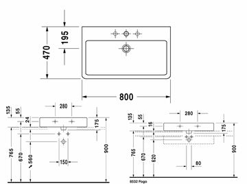 DURAVIT VERO umývadlo 80 cm, s otvorom pre batériu a prepadom, brúsené, WonderGliss 04548000271 Technický nákres