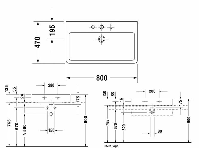 DURAVIT VERO umývadlo 80 cm, s otvorom pre batériu a prepadom, brúsené, WonderGliss 04548000271 Technický nákres