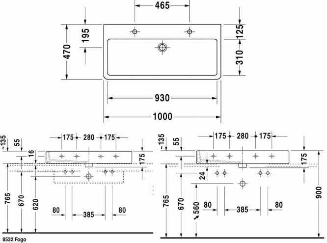 DURAVIT VERO umývadlo 100 cm, s 2 otvormi pre batérie a prepadom, brúsené, WonderGliss 04541000261 Technický nákres